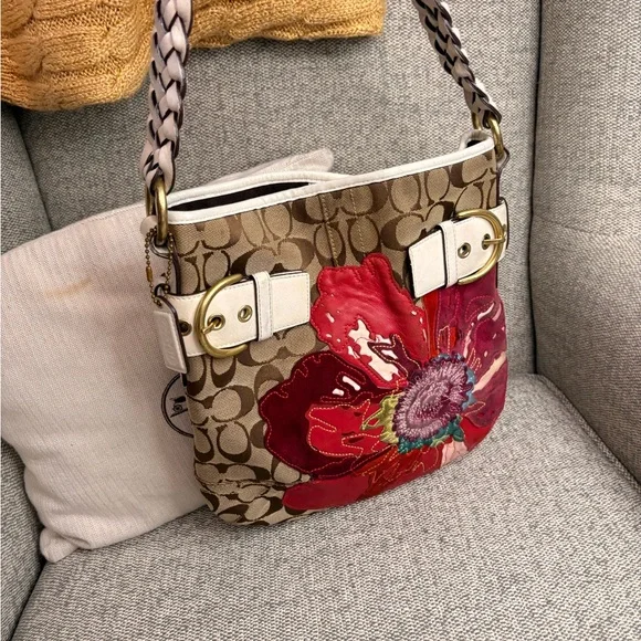 Coach Tan and Red Floral Shoulder Bag - Picture 5 of 8
